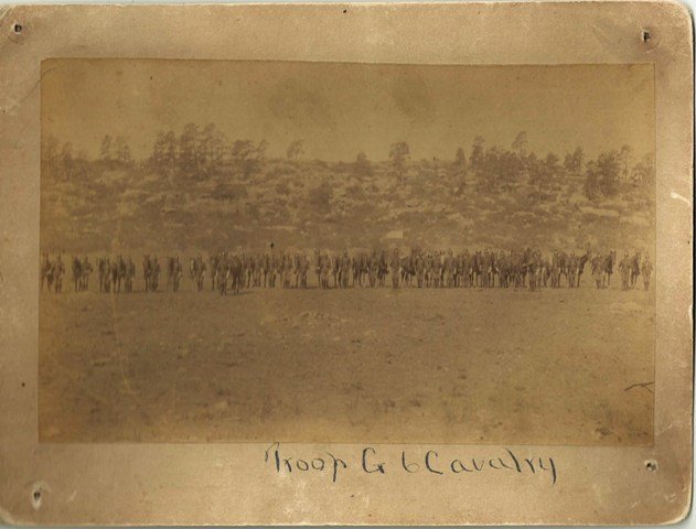 TROOP G, 6TH CAVALRY TROOPS - WITH NOTATION OF WILLARD: "TROOP G, 6TH CAVALRY TROOPS - WITH NOTATION OF WILLARD M. BURLESON – ca. Aug., 1888. An overall portrait of the entire Troop G, 6th U.S. Cavalry with a small notation above a soldier who is believe