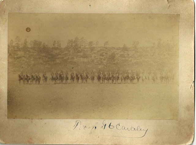 TROOP G, 6TH CAVALRY TROOPS MOUNTED ON HORSE - WITH: "TROOP G, 6TH CAVALRY TROOPS MOUNTED ON HORSE - WITH NOTATION OF WILLARD M. BURLESON – ca. Aug., 1888. An overall portrait of the entire Troop G, of the 6th U.S. Cavalry mounted on their horses, wit