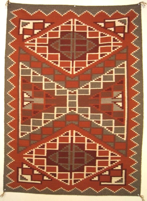 Navajo Rug, Burntwater: Navajo rug / weaving, Burntwater, eastern reservation. Bold pattern not unlike Ganado and Two Grey Hills rugs, but in earthtones. Prior to the Burntwater style, most eastern reservation vegetal dyed r