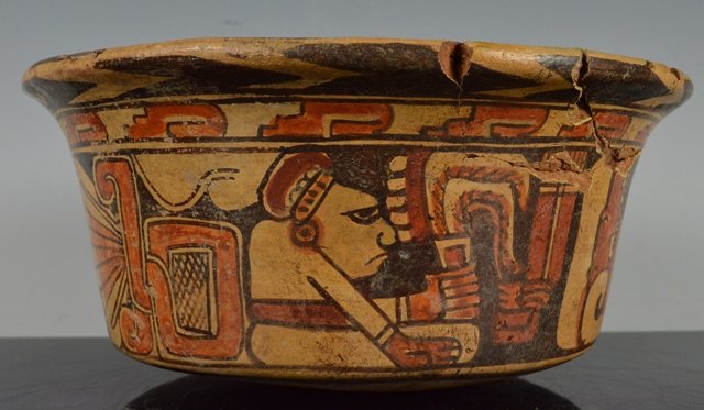 Mayan polychrome seated Chief Bowl: Culture: Pre-Columbian Classification: Mayan Ulua Valley , Honduras Gulf Region Date: 600 AD - 850 AD
