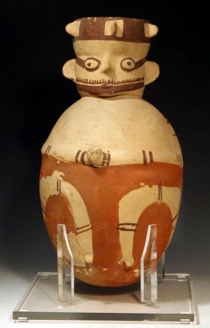 Very Large Chancay "China" Amphora: Very Large Chancay "China" Amphora Pre-Columbian, Peruvian Period: Ca. 800 to 1200 A.D. From the south central coast of Peru comes a large egg shaped, three tone polychrome pottery amphora with anthro