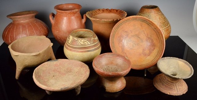 Large Group of 9 Pre-Columbian vessels: All ancient examples including, Peruvian polychrome, Colima, Costa Rica, Nayarit and Mayan. Largest 7 inches tall. 200 BC - 1400 AD