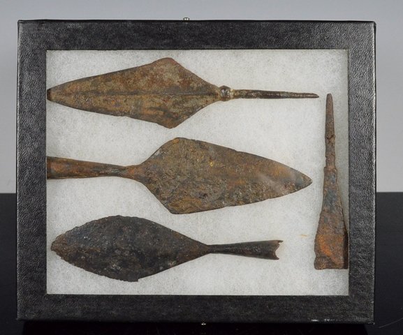 Lot of 4 Byzantine Iron Projectile points: Byzantine Empire iron projectile points from the Balkin Area, ca. 700 AD. Size: 4 3/4 inches long (longest). Comes in glass Riker case. Provenance: Ex- Urban Collection Scottsdale, AZ.