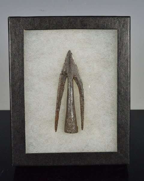 Rare Byzantine Iron Javelin Point: A rare Byzantine Empire iron projectile javelin point from the Balkin Area, ca. 700 AD. Size: 2 7/8 inches long . Comes in glass Riker case. Provenance: Ex- Urban Collection Scottsdale, AZ.