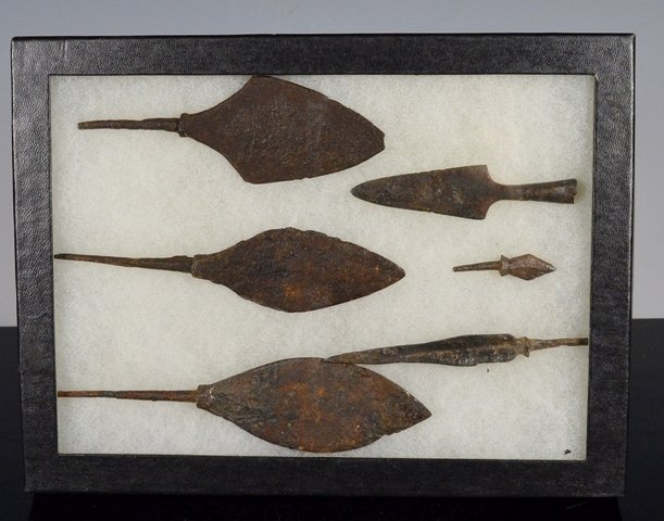 Ancient Greco-Roman Bronze Spear Heads: 6 Ancient Greco-Roman Bronze & Iron Spear Heads. Comprised of leaf shaped spear heads and dating approximately to the Greek Bronze Age ( 600 BC - 100 AD). Comes in glass Riker case. 5 1/4 inches long 