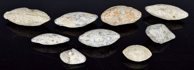 Ancient Roman Sling shot projectiles: 9 Ancient Roman heavy sling shot projectiles. ( 600 BC - 100 AD). 1 3/4 inches long (longest) Provenance: Ex- Urban Collection Scottsdale, AZ.