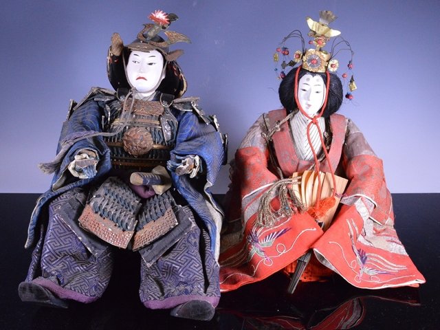 Edo period Japanese boys day Samurai Dolls: Japanese boys day Samurai Ningyo, edo period, 15" high, with matching female doll, very ornate, porcelain faces. minor wear, otherwise fine condition