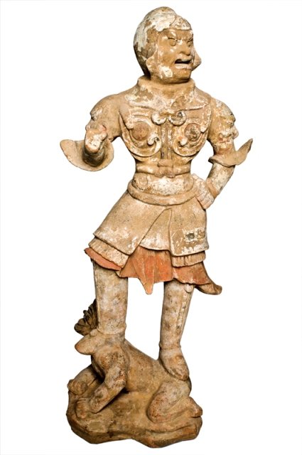 Huge Han Dynasty Lokapala Guardian Figure: China - Middle periods Period: Han Dynasty, 206 B.C.- 220 A.D. Size: 36 inches H. Description: An ancient and monumental imposing pottery figure with fierce facial expression. Dressed in a short tunic