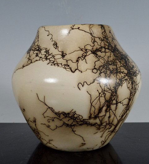 Pottery Jar by Vail / Vail Family - Horse Hair Pottery: "Horse Hair" pottery Jar by Vail (Vail Family) - so named because it's the carbon from horsehair randomly thrown onto the pot when it's hot from firing that forms the marble-like patterns and designs.