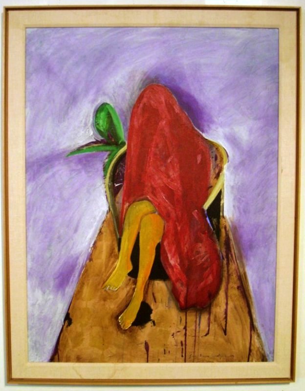 Original Oil on Canvas Fritz Scholder: Fritz Scholder (Native American, 1937-2005) "Mystery Woman with Plant" Oil on canvas signed Scholder (lower right) "Mystery Woman with Plant" written on upper left corner of verso