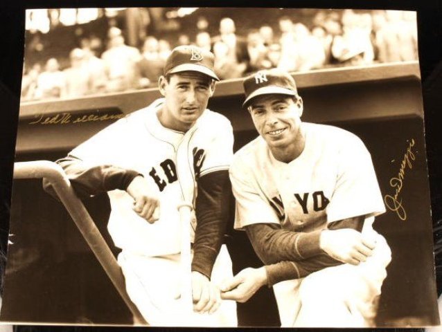 Ted Williams & Joe DiMaggio Signed Large Photograph COA: Ted Williams & Joe DiMaggio Signed Large Photograph. Classic photographic portrait of the preeminent sluggers of their time was snapped at the steps of a Fenway Park dugout, very possibly during the 1