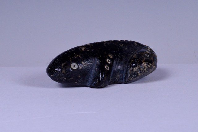 Early Chumash carved Steatite frog Artifact fetish: Description: Chumash carved frog, decorated with inset mother-of-pearl and abalone shell beads. 3 1/8 inches long. Culture: Native American, American Indian, California tribes. Provenance: James. B. B