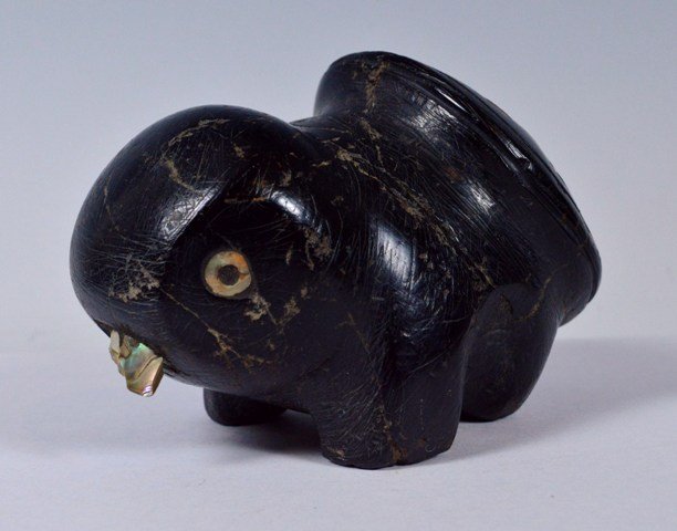 Early Chumash carved Steatite beaver Artifact effigy: Description: Chumash carved Steatite beaver decorated with inset mother-of-pearl and abalone shell beads. elaborate design on tail with shell teeth. 3 1/4 inches long x 2 1/2 inches tall. Culture: Nat