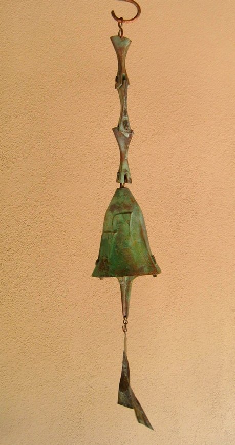 Vintage Paulo Soleri Bronze Windbell, Cosanti /: Sculptural, mid-century bronze windbell designed by Paolo Soleri. Handmade, with original artwork on the surface of the bell - a one-of-a-kind piece (no two Soleri windbells have ever been made alike)