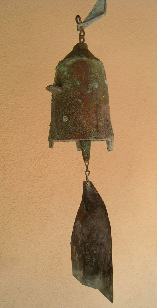 Vintage Paulo Soleri Bronze Windbell, Cosanti /: Sculptural, mid-century bronze windbell designed by Paolo Soleri. Handmade, with original artwork on the surface of the bell - a one-of-a-kind piece (no two Soleri windbells have ever been made alike)