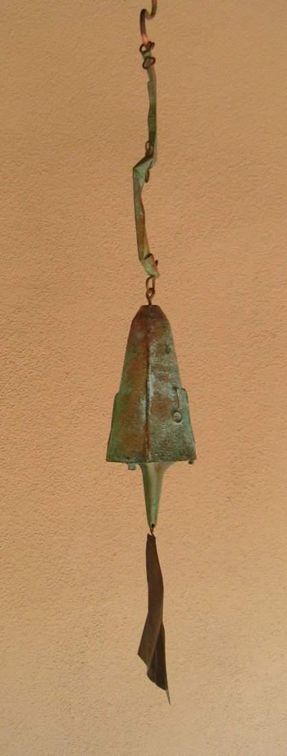 Vintage Paulo Soleri Cast Bronze Windbell, Cosanti /: Sculptural, mid-century bronze windbell designed by Paolo Soleri. Handmade, with original artwork on the surface of the bell - a one-of-a-kind piece (no two Soleri windbells have ever been made alike)