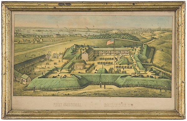 Original 1862 Fort Marshall, MD. Hand-Colored Litho: 1862, hand-colored lithograph by the E. Sachse & Co. firm, in lemon gilt frame; plate size 8.75 x 17 in. Sachse & Co. executed a series of Civil War lithograph with Baltimore subjects and are rarely s