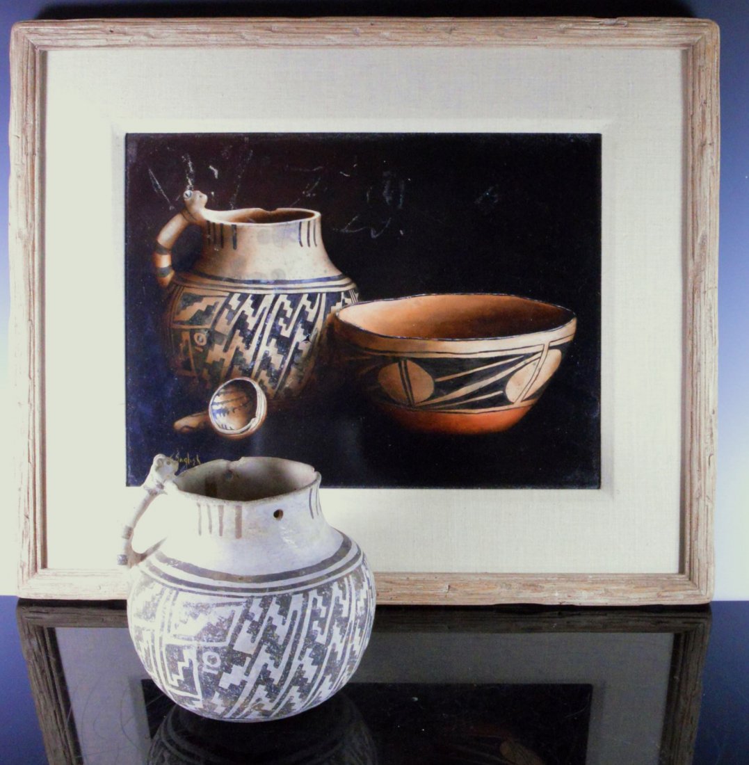 Rare Oil on Board Greg English w/ the actual pitcher: A very unusual opportunity to not only own the original Greg English painting but the actual ancient pitcher that was the model of his painting. An original oil on board, signed bottom left "G. Englis
