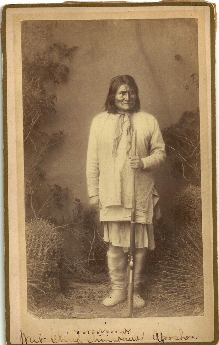 Rare GERONIMO STANDING WITH HIS RIFLE by A. Frank: GERONIMO STANDING WITH HIS RIFLE. This is a rare albumen print on a boudoir mount of this famous photograph by A. Frank Randall, the standing version. Albumen print on gilt edged mount. It has Randall