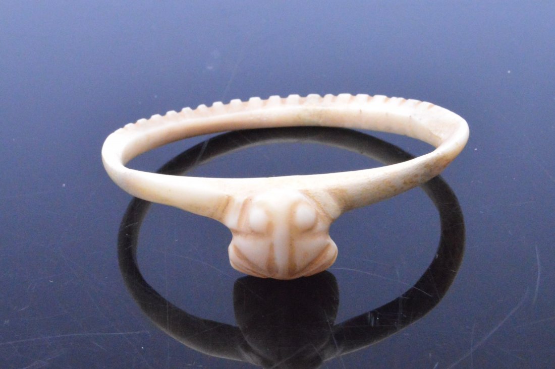 Very Rare Hohokam Shell Frog Bracelet: Hohokam Santa Cruz Carved Frog Shell Bracelet Period: 700 AD - 900 AD Size: 2 3/8 inches diameter Description: A very rare Hohokam Santa Cruz Carved Frog Shell Bracelet with an extremely detailed frog