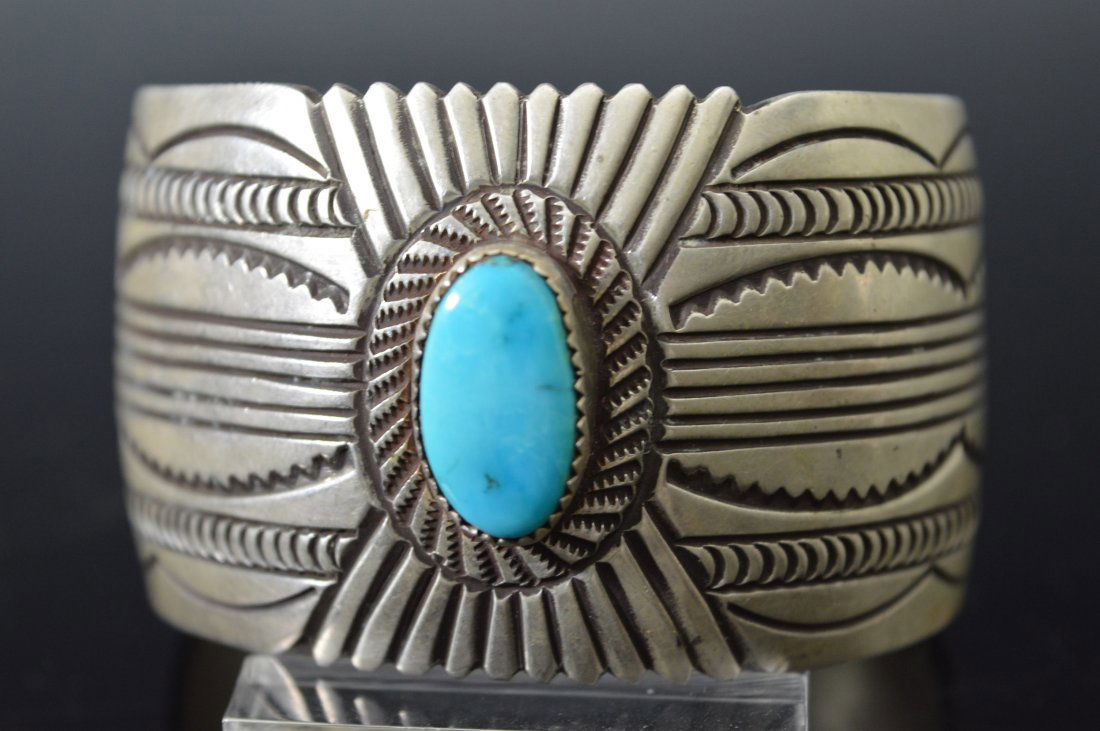 Navajo Cuff Bracelet with Turquoise Stone (1 of 4)