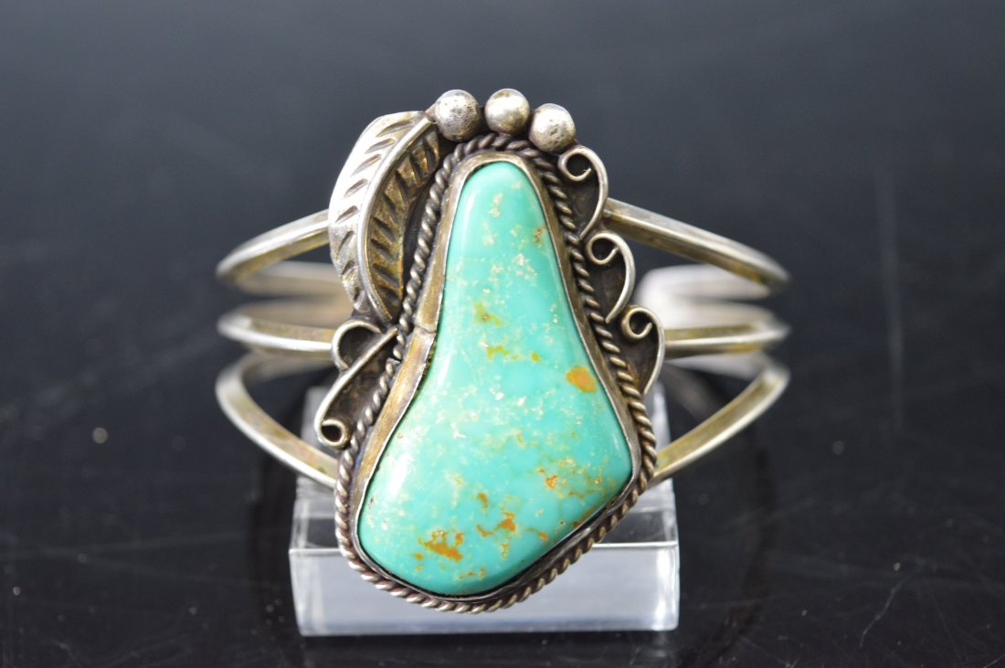 Navajo Silver Cuff with Large Turquoise Stone (1 of 3)