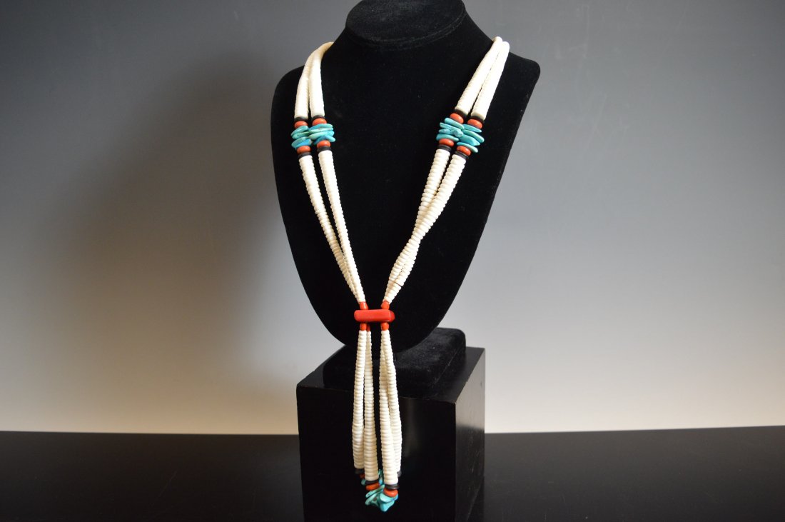 Santo Domingo Jacla Necklace: Necklace design configured from three sets of Jaclas. Turquoise and shell predominate. FROM THE ESTATE OF JOHN KOEHLER. Mr. Koehler, an avid collector, had, at one time, purchased a defunct "Indian Tr