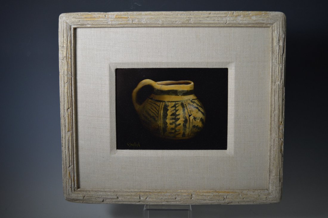 Original Oil on Board Greg English Jeddito: An original oil on board, signed bottom left "G. English" 8 X 6 inches, 14 1/2 X 12 1/2 inches framed. A painting of a black on yellow Jeddito pitcher.
