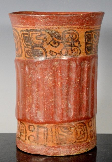 Pre-Columbian Mayan Copan polychrome cylinder: Culture: Pre-Columbian Classification: Mayan Copan, Honduras Western Region Date: 600 AD - 850 AD