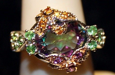 Fancy Emerald, Rubies, Golden & Pink Sapphires SS Ring.: Fancy Emerald, Rubies, Golden & Pink Sapphires SS Ring. Sterling Silver Ring with Gemstones twt approx. 8cts.