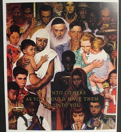 "The Golden Rule" By Norman Rockwell: Lithograph, Signed by the artist, Approximately 17 x 11 In.