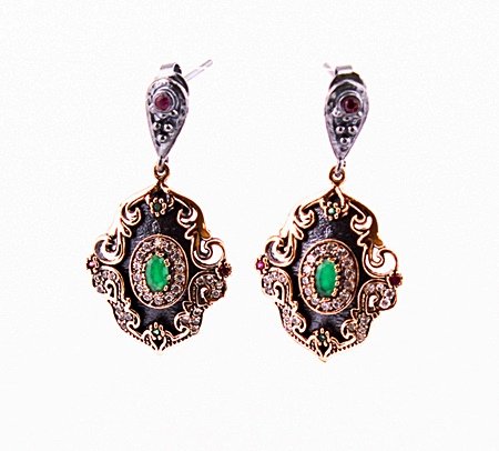 SILVER EARRING WITH MARCASITE AND SEMI PRECIOUS STONES: EARRING STERLING SILVER STONE SEMI PRECIOUS FINISH POLISHED WIDTH 1/2 INCHES WEIGHT 7 GMS SHAPE OV LENGTH 1 1/2 INCHES COLOR GREEN