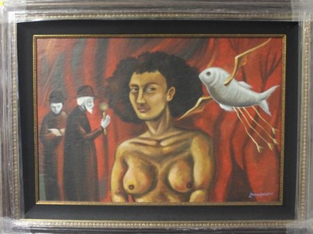 Oil on Canvas by Leonora Carrington (36H): Oil on Canvas by Leonora Carrington; signed, size approx. 37 1/2 x 50 in. Leonora Carrington OBE (6 April 1917 – 25 May 2011[1]), was a British-born–Mexican artist, surrealist painter, and novelis