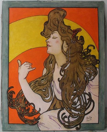 Oil on Cavas by Alphonse Mucha: Oil Painting on Canvas, Hand Signed by the artist, Approx. Size 27 1/2" x 22" in.