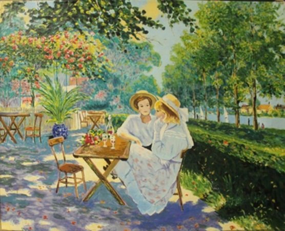 Oil on Canvas "Confidences" by Claude Fauchere (158E): Oil on Canvas "Confidences" by Claude Fauchere; limited edition, signed, size approx. 21 1/2 x 27 in. Claude Fauchère was born in Paris in 1936. This artist has the distinction of graduating from bot