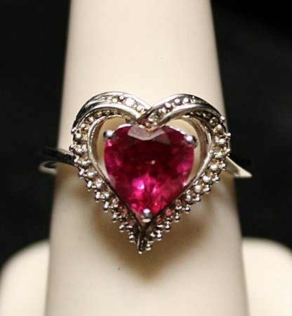 Gorgeous Heart Shaped Lab Ruby & Diamonds SS Ring: Gorgeous Heart Shaped Lab Ruby & Diamonds SS Ring (20ZR) Ruby approx. 1 ct., Diamonds approx. VS1 Color G, Sterling Silver.