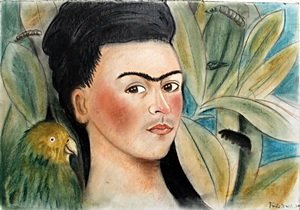 "Self Portrait" Pastel on Paper - Frida Khalo: Pastel Painting on Paper, Hand Signed and Dated, Approx. 20 x 14 in