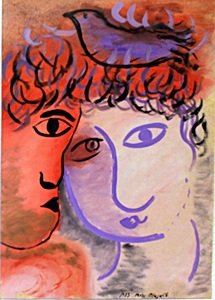 Los Amantes - Oil Painting on Paper - Marc Chagall: Oil Painting on Paper, Hand Signed by the artist, Size Approx. 20" x 14" in. Condition: Slight Bends/Creases on Edges