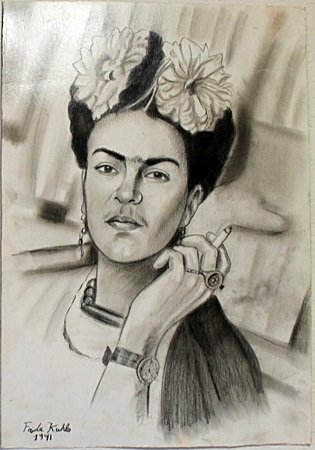 Self Portrait - Pastel/Graphite Drawing - Frida Kahlo: Pastel / Graphite Drawing on Paper, Hand Signed and Dated, Size Approx. 19" x 14" in. Condition: Slight Bends/Creases on Edges