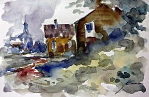 Original Watercolor on Paper "Neighbors" by Michael: Original Watercolor on Paper "Neighbors" by Michael Schofield; signed, size approx. 8 x 11 in. Michael Schofield was born in Orlando, Florida, in 1947. His talent as a silk screen mechanic and artist