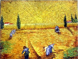 Wheat Harvesting - Vincent Van Gogh - Oil Painting: Oil Painting on Canvas, Hand Signed by the artist (Lower Right Corner), Item is on Wooden Stretcher Bars, No apparent Artist Marking on Back of Canvas, Size Approx. 13 x 16 1/2 Inches