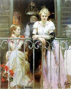 Giclee on Paper "Sunday at the Balcony" after Pino: Giclee on Paper, Bearing an Interpretive Plate Signature of the Artist, Size Approx. 19" x 13" In.