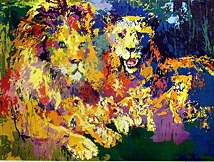 Lion and Cub: Lion and Cub by Leroy Neiman. Lithograph, Double Signature, size approx. 34 x 31 in. LeRoy Neiman (born Leroy Leslie Runquist, June 8, 1921 – June 20, 2012) was an American artist known for hi