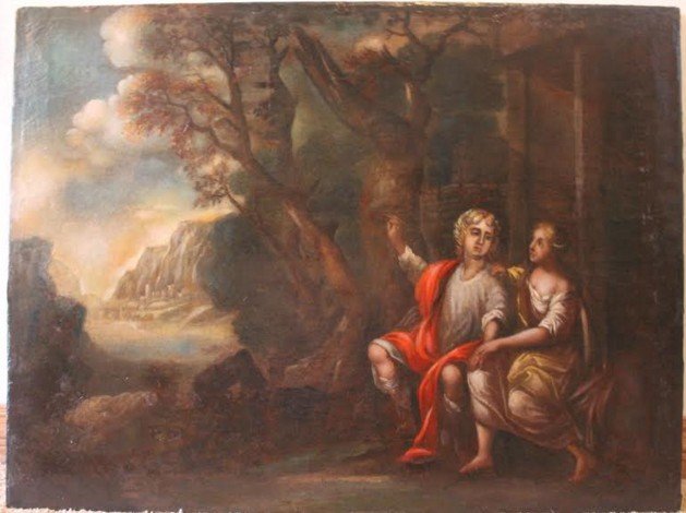 "Angelica & Medoro" attributed to Annibale Carracci: Oil Painting on Canvas attributed to Annibale Carracci, One of The supports on the back of the painting, is marked "Annibale Carracci (1560 - 1609)