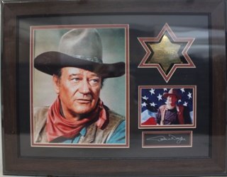 John Wayne - Custom Framed Memorabilia: John Wayne Custom Framed Memorabilia ; 2 Giclee Print Images of Actor John Wayne, Plaque with Authentic Engraved Signature, and Gold Plt. Sherrifs Badge.