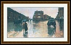 RAINY DAY, BOSTON BY FREDERICK CHILDE HASSAM: LITHOGRAPH, IMAGE SIZE: 32X 17 3/16" FRAMED SIZE: 40 5/8X 25 3/4",