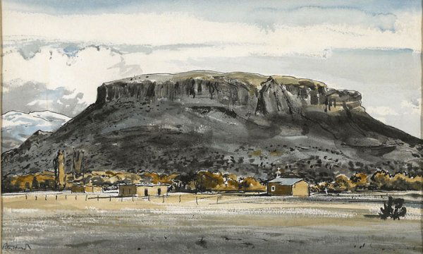 Hurd, Peter, 1904-1984: Hurd, Peter, 1904-1984, Black Mesa of San Ildefonso, watercolor on paper, 8 3/4 x 14 3/8 inches (sight), signed lower left: Peter Hurd