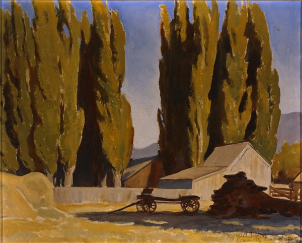 Dixon, Maynard, 1875-1946: Dixon, Maynard, 1875-1946, Barn and Poplars, Carson City, Nevada, 1935, oil on canvas mounted on board, 15 1/2 x 19 1/4 inches, signed and dated lower right: Maynard Dixon Carson City Nev Oct 1935, in