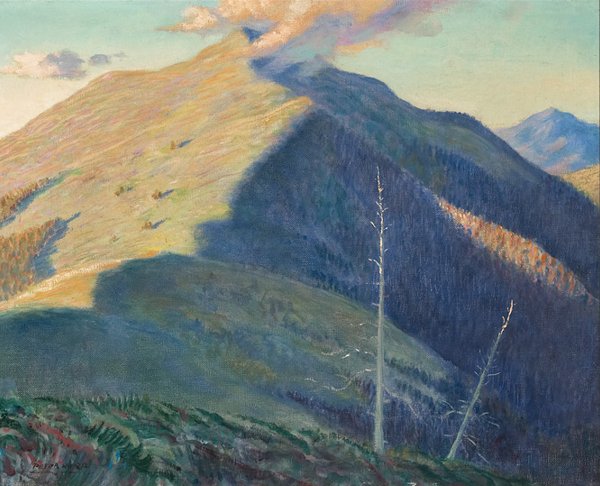 Hurd, Peter, 1904-1984: Above the Timberline~1925~oil on canvas~16 1/4 x 20 inches~SLL~signed lower left: PETER HURD inscribed verso: La Siena Blanca (N.Mex) Dawn / $150.00 / Peter Hurd. Roswell, N.Mexico