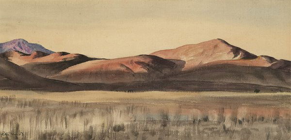 Hurd, Peter, 1904-1984: New Mexico Landscape~1952~watercolor on paper~9 1/4 x 19 1/4 inches (sight)~Peter Hurd went East to Chadds Ford, Pennsylvania hoping to study with the renowned illustrator, N.C. Wyeth. He had recently
